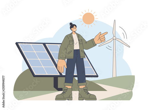 Konstfotografi Sustainable energy pioneer in ecological landscape with solar panels and wind turbine promoting renewable power solutions for a brighter greener future and environmental stewardship