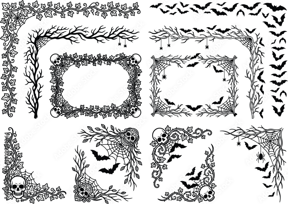 Obraz premium Spooky border vector set, halloween rectangular frames, spiderwebs, skulls, flying bats, branch ivy corners, decorative page borders illustration design