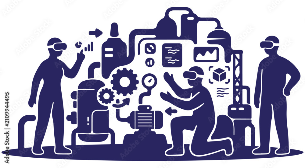 Fototapeta premium Industrial digital twin vector illustration with engineers wearing VR headsets managing smart factory machinery and data
