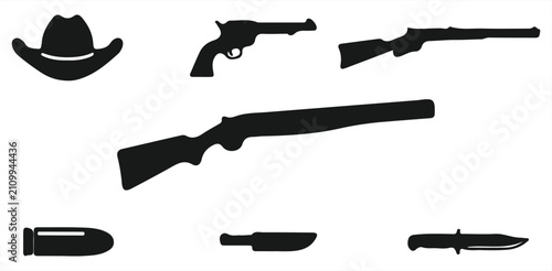 фотографія Wild west weapons silhouettes with cowboy hat revolver rifle shotgun bullet and