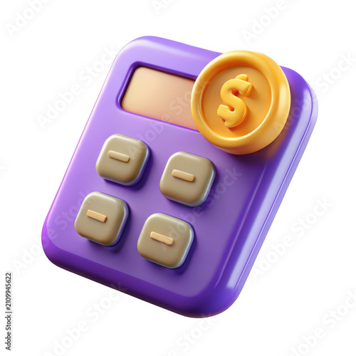 3D calculator icon with golden coin on top calculator accounting business transparent background