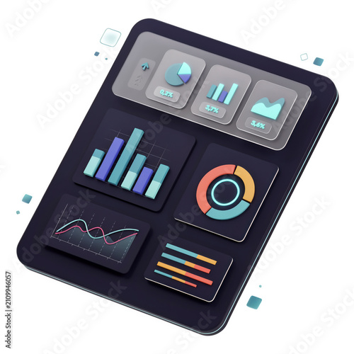 3 d data dashboard with floating charts, graphs, and analytics