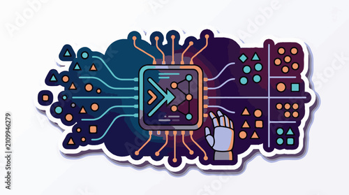 Digital circuit with abstract shapes and robotic hand representing AI