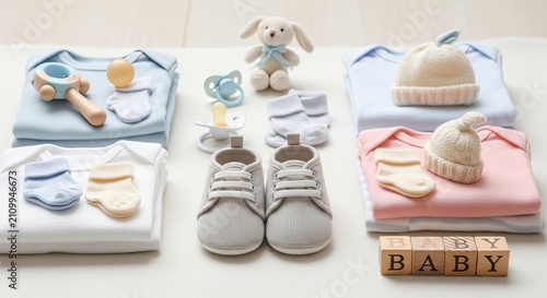 A flat lay arrangement showcases a collection of baby essentials on a light wood surface. Soft pastel blue and pink baby clothes, including onesies, socks, and a hat, are neatly stacked.