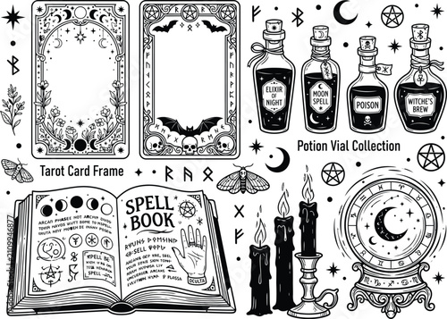 Cuadro en lienzo Witchcraft tarot vector set, tarot card frames, open spell book grimoire, magic