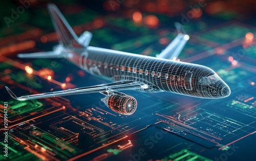 Digital airplane model flying over glowing electronic circuit board with futuristic tech