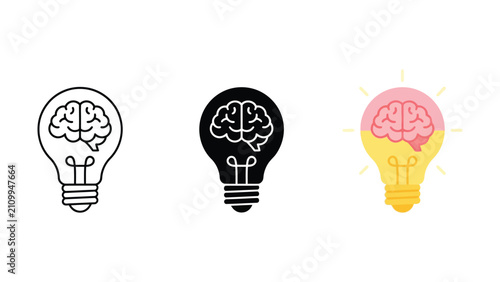 Creative lightbulb icons featuring brain illustrations in different styles