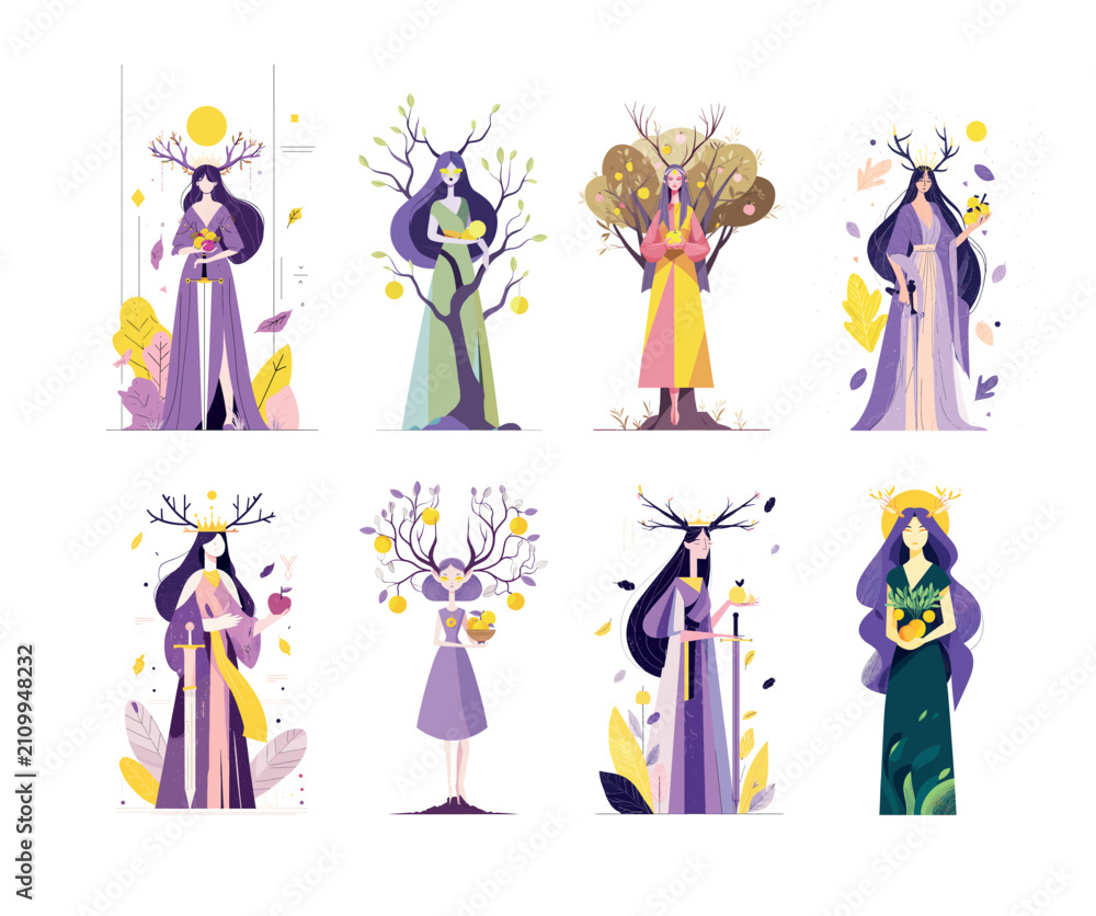 Obraz premium Elf fairy goddess cartoon vector set. Woman girl fantasy magic character myth legend nature forest tree branch leaf horn fruit apple sword weapon dress cloth spirit nymph portrait avatar isolated