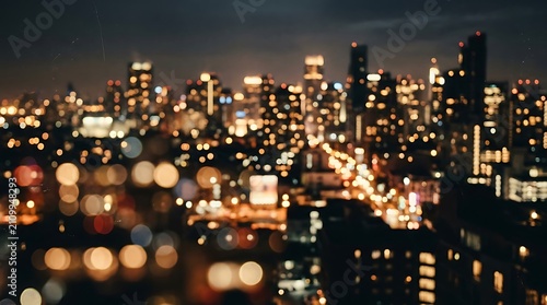 A stunning panoramic view of a modern city skyline at night featuring glowing skyscrapers and vibrant bokeh lights from busy urban streets below