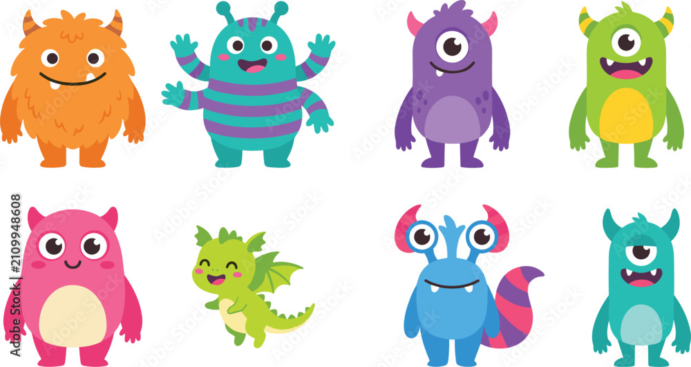 Naklejka premium Cute Cartoon Monster Vector Set Featuring Colorful Horned Cyclops Fluffy Beast and Little Dragon Characters for Kids Book and Halloween Designs