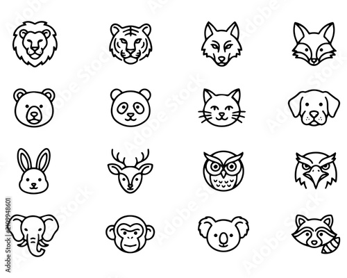 Premium Bold Outline Animal Face Icon Set – 16 Minimal Vector Wildlife Avatar Icons Collection