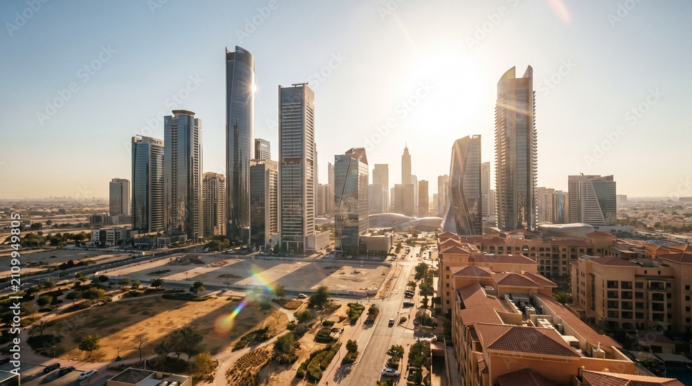 Obraz premium Modern Dubai Skyline with Skyscrapers and Bright Sun Flare