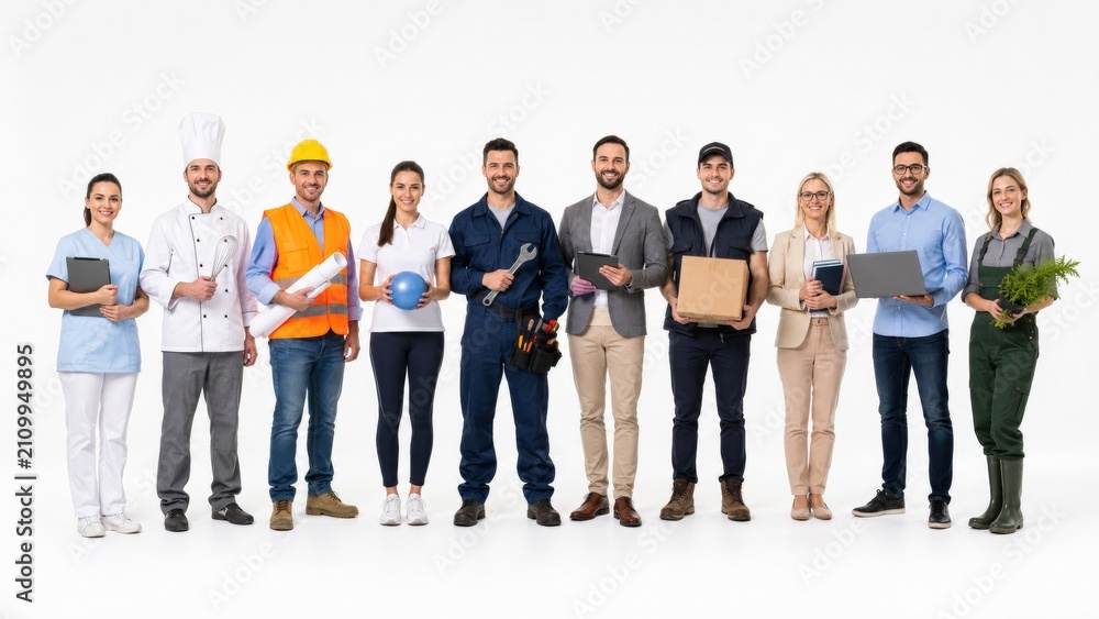 Obraz premium Diverse Group of Professionals from Different Industries Standing on White Background