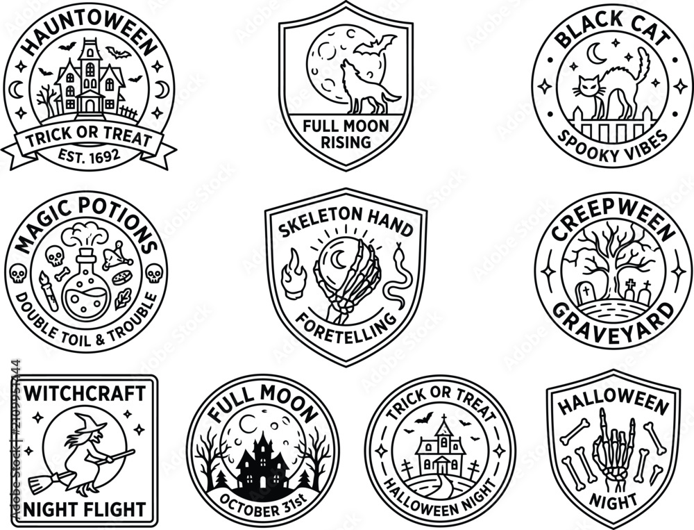 Obraz premium Halloween logo badge vector set, line art haunted house, howling wolf, spooky cat, magic potion bottle, skeleton hand, witch on broomstick