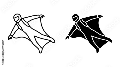 Photos Wingsuit Flying Icon: A minimalist graphic representation of a person in a wingsuit, soaring through the air, presented in both outline and silhouette form