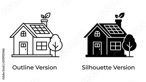 Konstfotografi Sustainable Home Icons: Two stylized icons of a house, one as an outline and the other as a silhouette