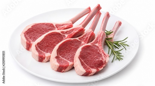 Four raw lamb chops arranged on a white plate with a sprig of rosemary, showcasing fresh, marbled meat ready for cooking.
