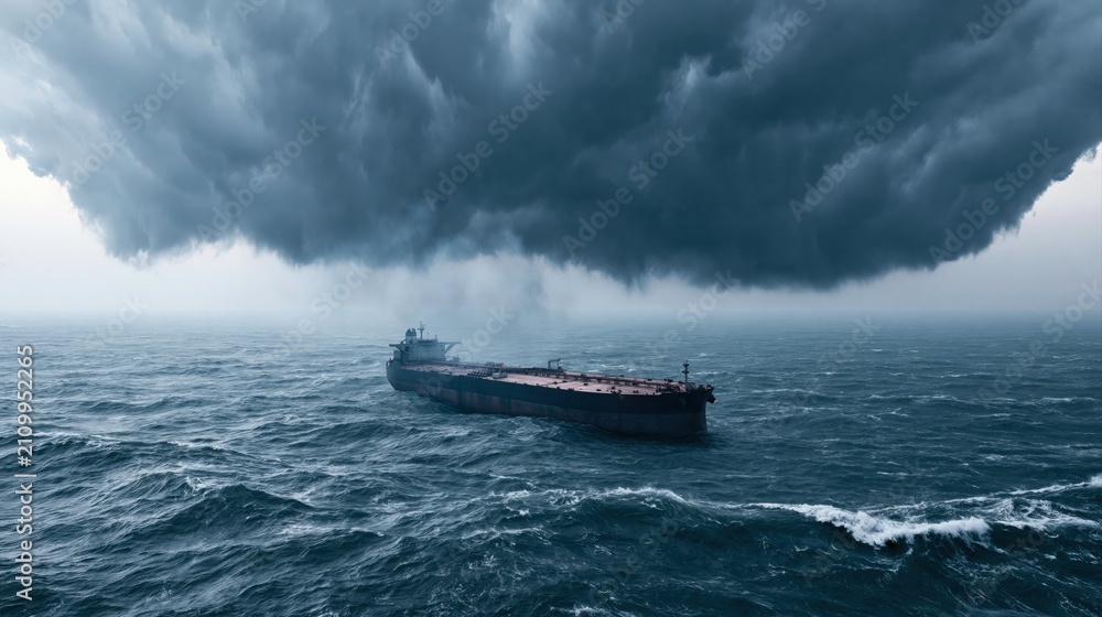 Fototapeta premium Oil tanker crossing a stormy ocean under massive dark clouds illustrating global shipping uncertainty and energy infrastructure vulnerability