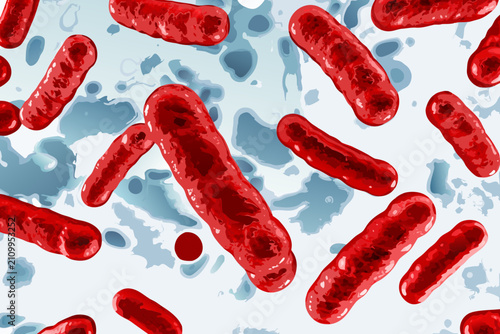 Schilderij op canvas Red bacterial cells illustration with light blue background detailed cellular st