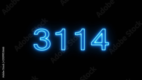 Konstfotografi Neon blue number 3114 glowing in dark black background creating modern digital style light