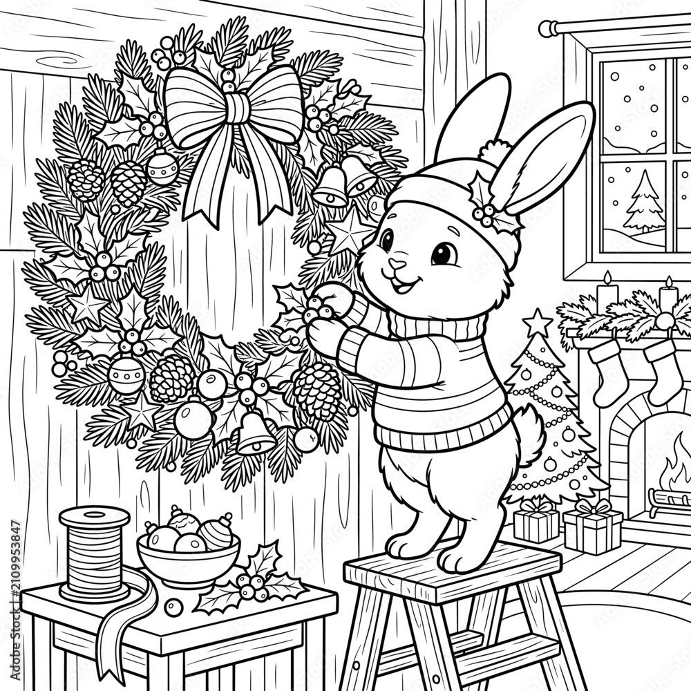 Fototapeta premium Cute Bunny Decorating Christmas Wreath Coloring Page