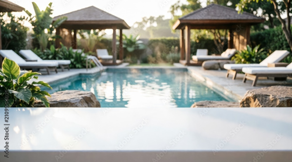 Fototapeta premium Luxury Pool with Lounge Chairs and Tropical Plants for Resort Design