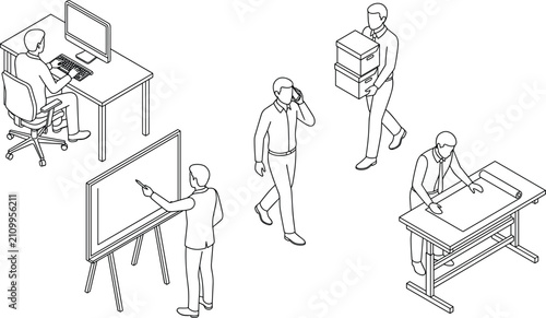 Isometric Line Art of Office Workers Performing Various Professional Tasks and Activities