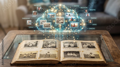 Vintage photo album with digital cloud storage interface displaying memories and photographs