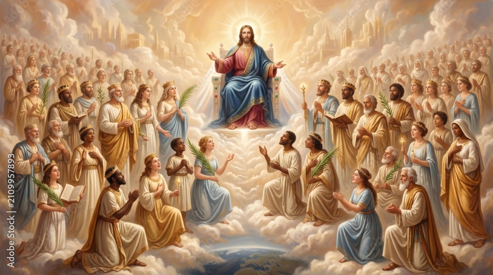 Obraz premium Jesus Christ sitting on throne in heaven with saints and angels. Religious scene depicting souls worshiping and praising God. Biblical art illustrating afterlife and divine kingdom.