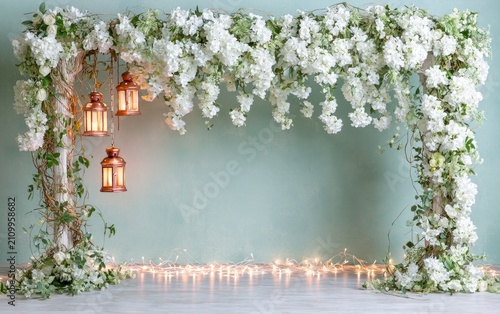 Elegant white flower arch with hanging lanterns and delicate light decoration