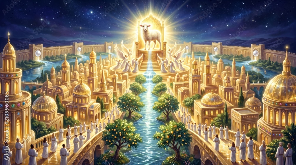 Obraz premium Lamb on throne in New Jerusalem with angels and river of life. Celestial city with gold buildings and people in white robes. Biblical revelation art and religious spiritual concept.