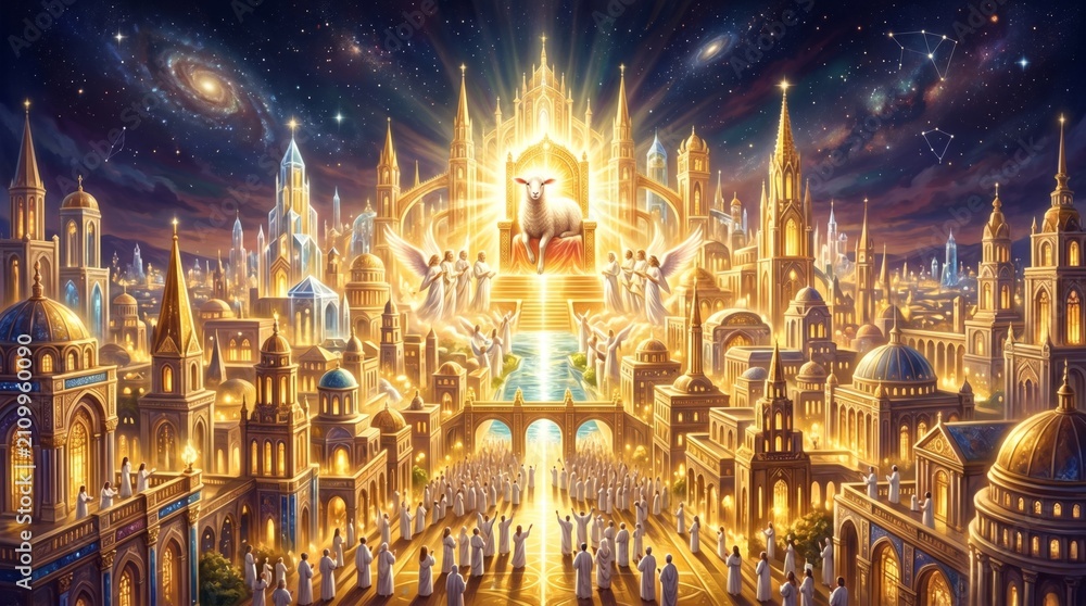 Obraz premium Lamb on throne in heaven with angels and city of light. Religious depiction of divine kingdom and worship. Spiritual scene with golden architecture and starry sky for belief concept.