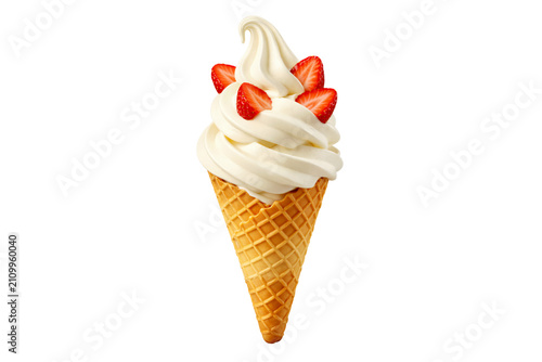 Obraz na plátne Vanilla soft serve ice cream cone with fresh strawberry slices isolated PNG, fru