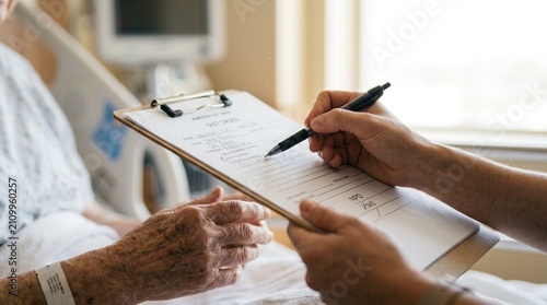 Nurse Reviewing an Admission Diet Order with a Newly Arrived Patient at Bedside
