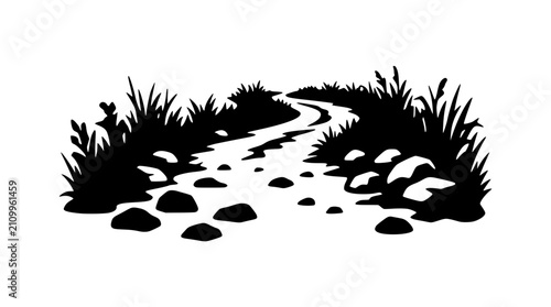 Winding path silhouette with rocks and grass landscape illustration