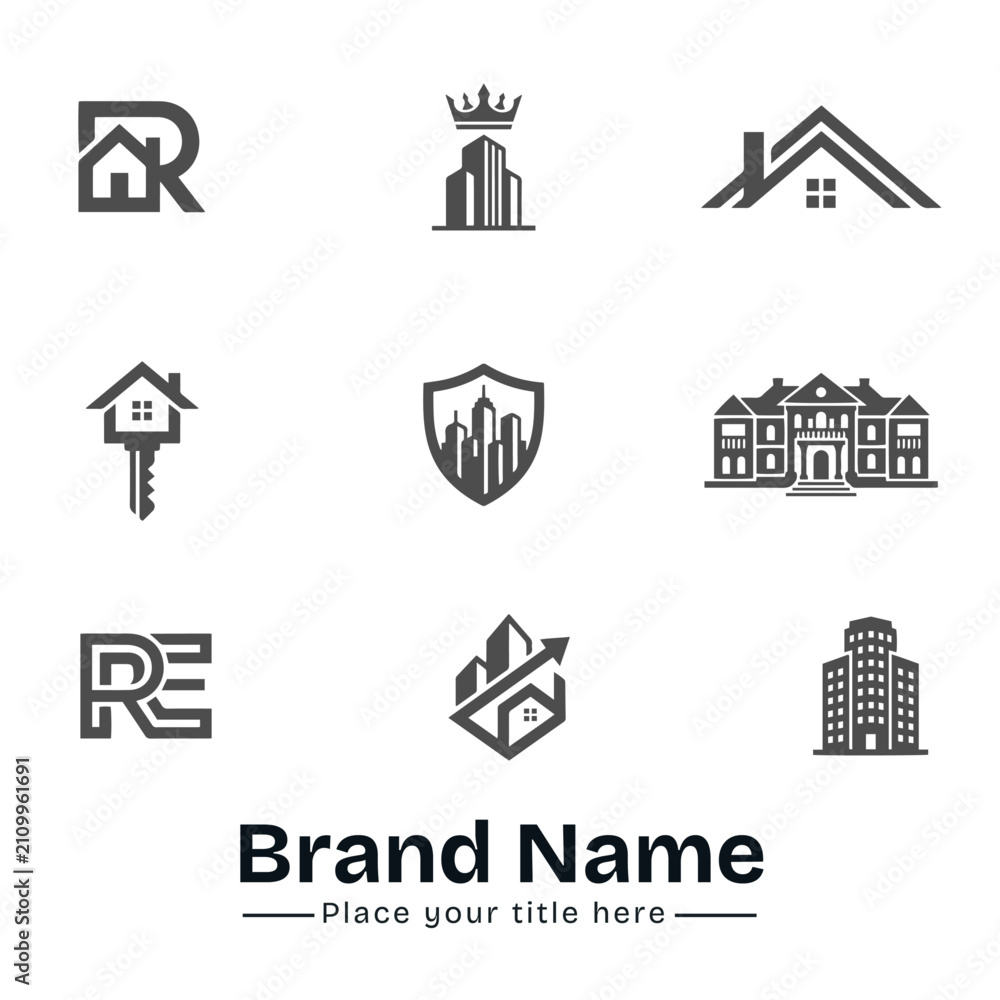 Obraz premium Real estate and property business logo icon set. Abstract letter R RE monogram, luxury crown building, house key, shield skyline, mansion and growth arrow vector design templates.