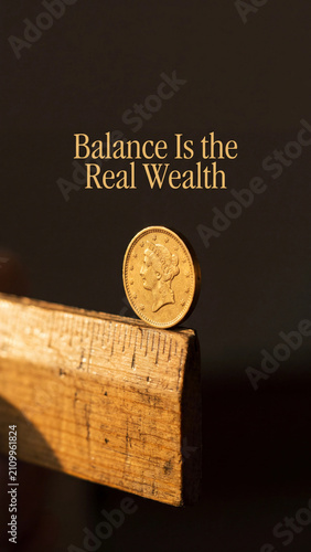 Gold coin balances perfectly on the edge of a vintage wooden ruler against a dark professional background.