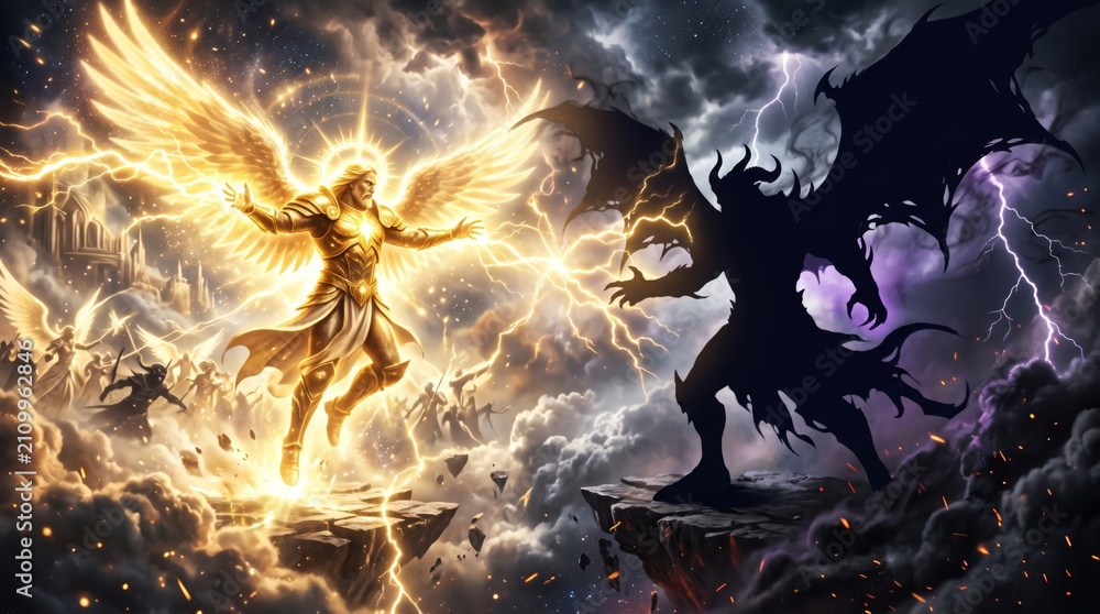 Obraz premium Angel and demon fighting in a cataclysmic battle. Epic confrontation between light and dark forces in the sky. Divine power clashing with evil darkness, spiritual warfare concept.