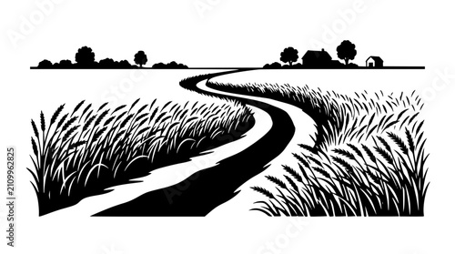 Winding Road through Wheat Fields Rural Landscape Linocut Illustration
