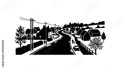 Winding Village Road Silhouette Illustration with Houses and Trees