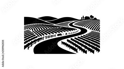 Vineyard Landscape Woodcut Style Black and White Illustration