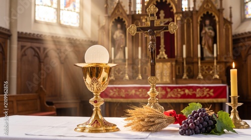 Catholic communion host and gold chalice on altar with cross and grape. Eucharist sacramental elements for church mass service. Holy liturgy celebration concept in Christian temple.