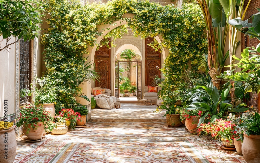 Fototapeta premium Beautiful Mediterranean courtyard with floral arch and colorful tiled floor