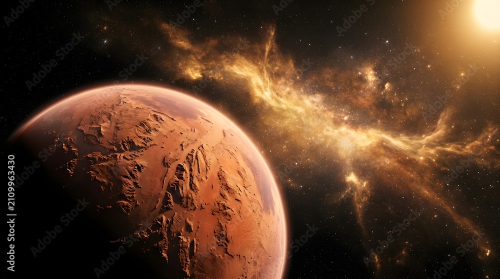 Fototapeta premium Cinematic Digital Illustration of a Red Planet Orbiting in a Vast Universe with a Golden Cosmic Nebula and Radiant Star