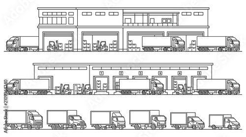 Bild auf Leinwand Logistics warehouse building with delivery trucks and forklifts.