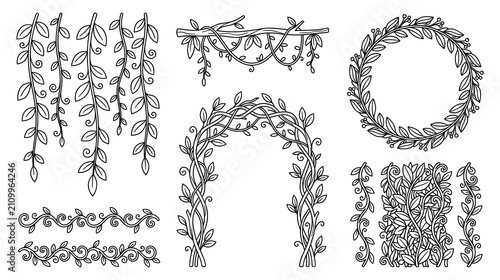 Vine and leaf border set with hanging branches and floral wreath.