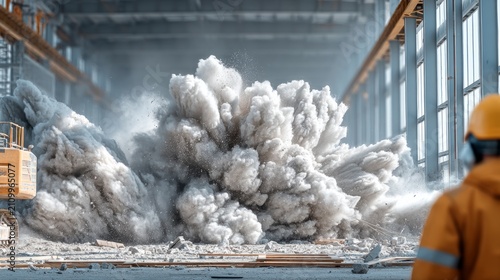 Controlled explosion inside industrial building creating large dust cloud and debris