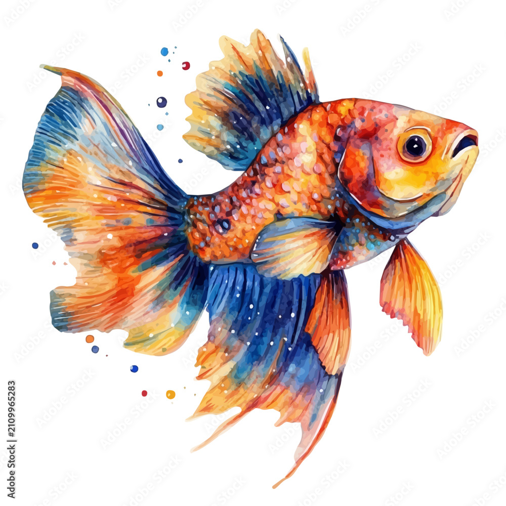 Fototapeta premium Watercolor illustration of Colorful Fish, vector artwork, isolated on white background.