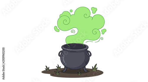 Cauldron with green smoke on the ground with grass