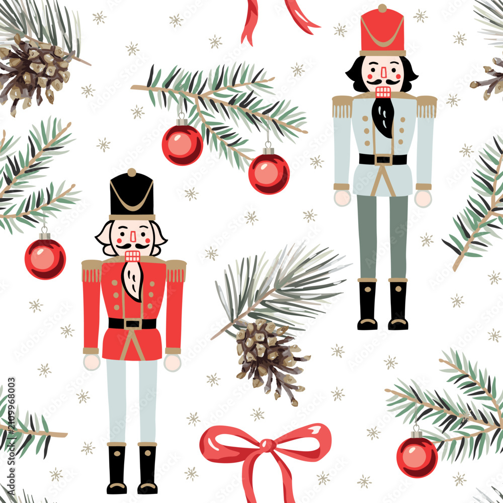 Obraz premium Christmas seamless pattern, Nutcrackers, green fir twigs, red balls, bow, pine cones, snow, white background. Vector illustration. Festive design. Season greeting. Winter holidays
